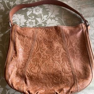 FOSSIL Brown Tan WINSLET Tooled Embossed Leather Handbag Hobo Style
